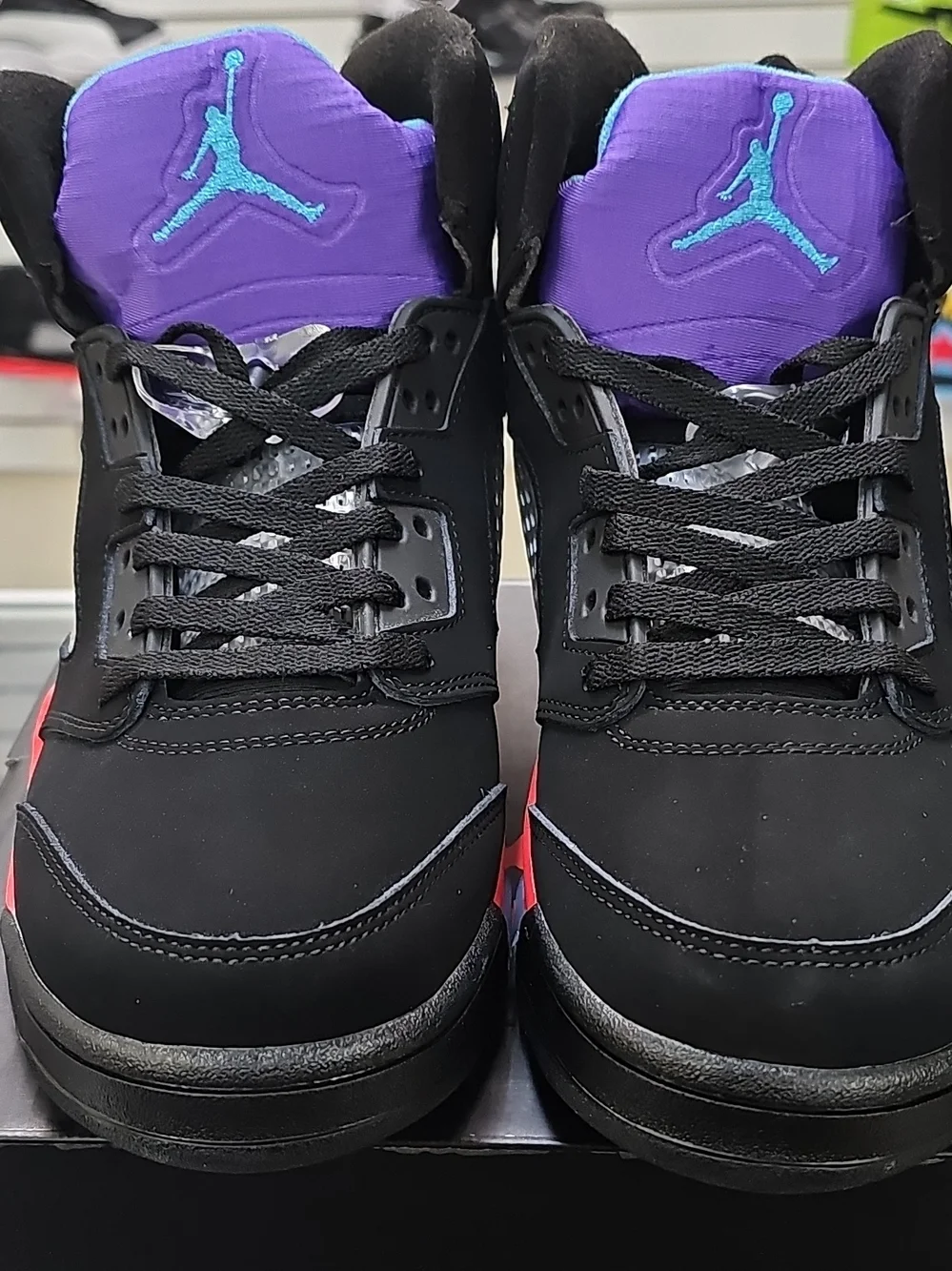 Jordan Men's Black Sneakers with Purple Tongues and Teal Jumpman